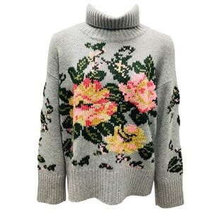 LAMBERTO LOSANI GREY MULTI FLORAL CASHMERE KNIT TURTLENECK SWEATER